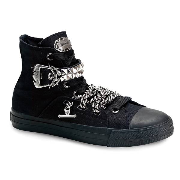 Demonia Deviant-110 Black Canvas Schuhe Damen D609-715 Gothic Hohe Sneakers Schwarz Deutschland SALE